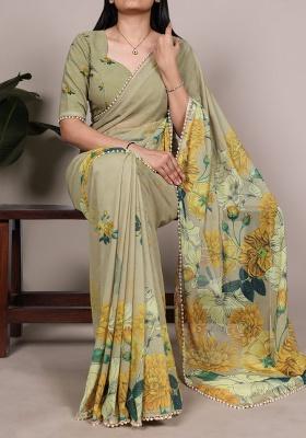 Mint Green Floral Print Marbal Saree Set