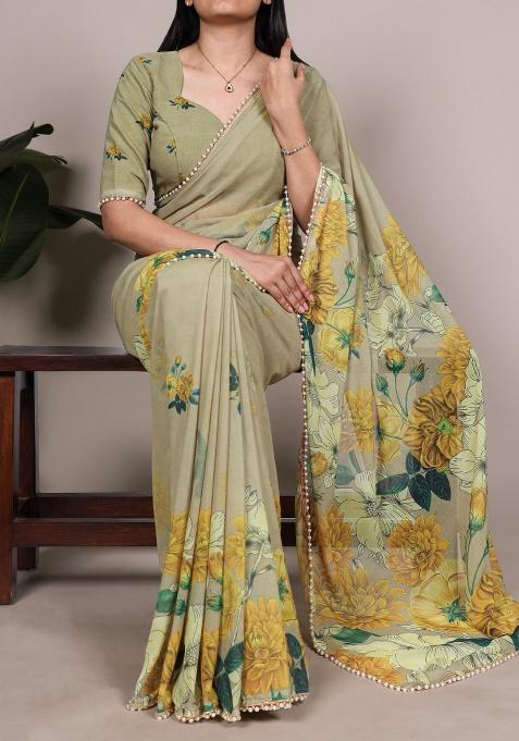 Mint Green Floral Print Marbal Saree Set — view on Indya