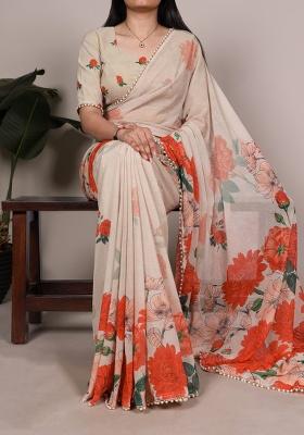 Off White Floral Print Marbal Saree Set