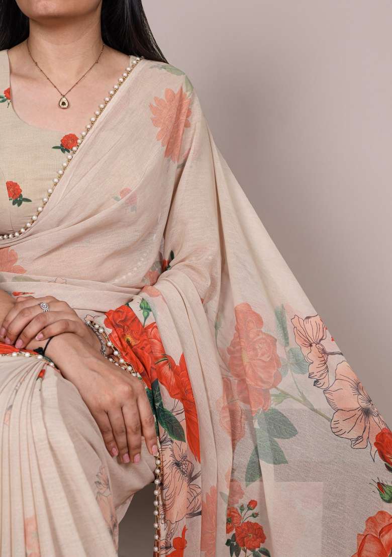 Off White Floral Print Marbal Saree Set - Indya