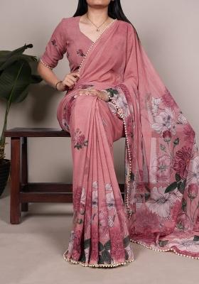 Pink Floral Print Marbal Saree Set