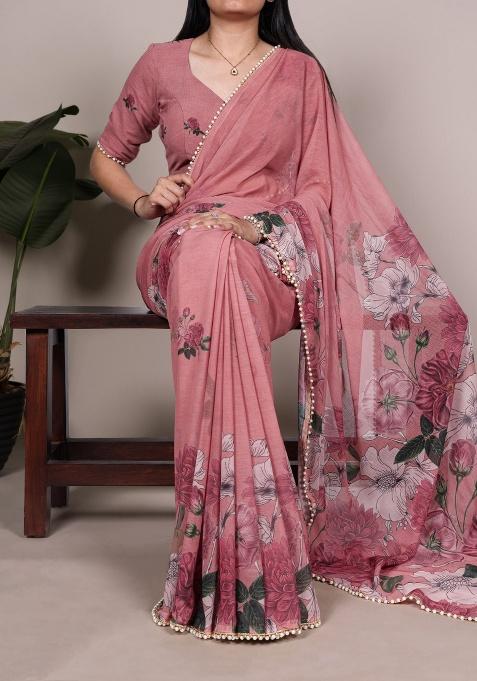 Pink Floral Print Marbal Saree Set — view on Indya