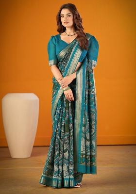 Sea Blue Zari Weaving Chanderi Saree Set