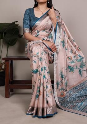 Peach Printed Silk Saree Set