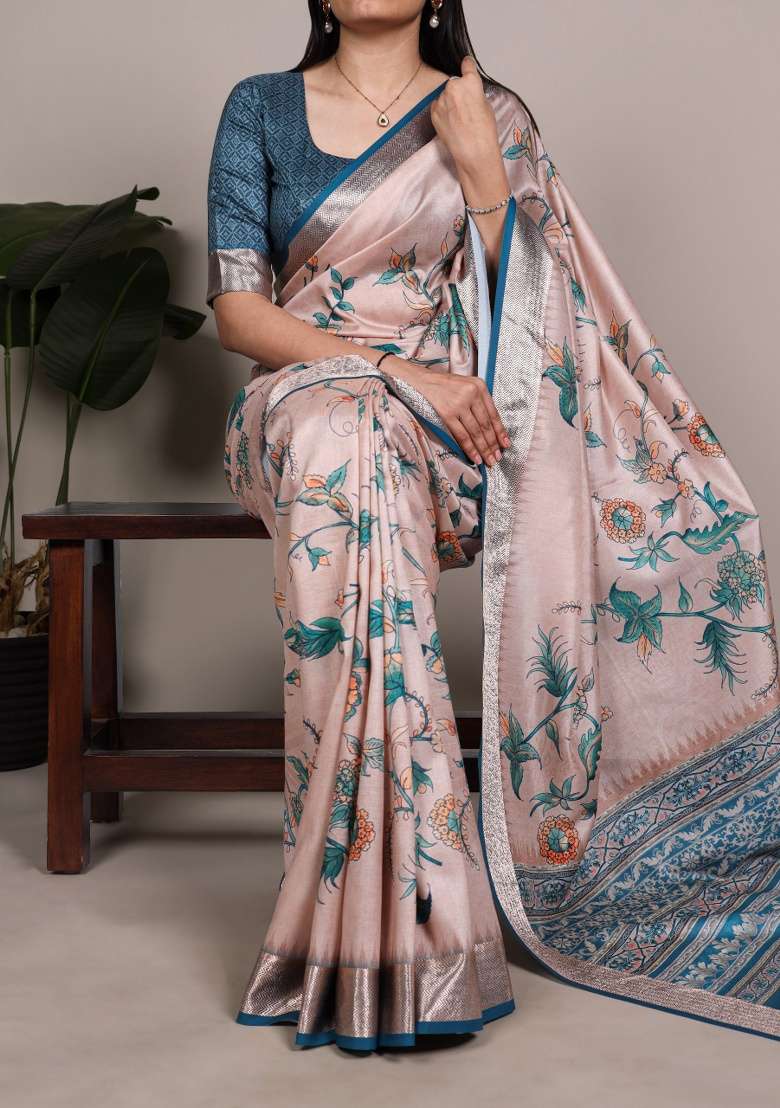 Peach Printed Silk Blend Saree Set - Indya