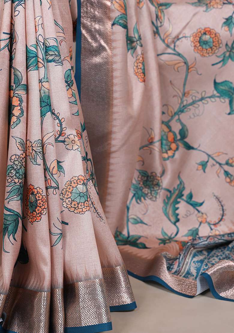 Peach Printed Silk Blend Saree Set - Indya