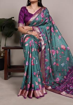Deep Teal Printed Silk Saree Set