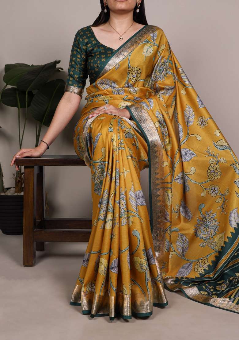 Mustard Printed Silk Blend Saree Set - Indya