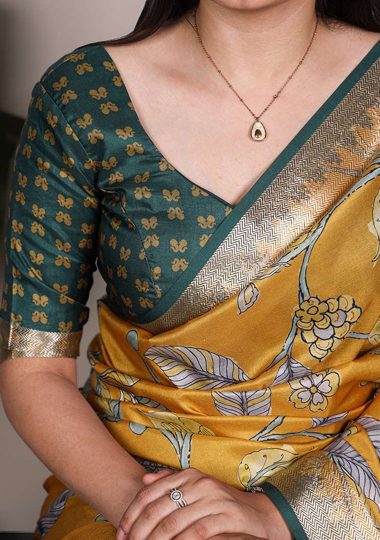 Mustard Printed Silk Blend Saree Set - Indya