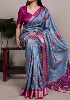 Teal Blue Printed Silk Saree Set