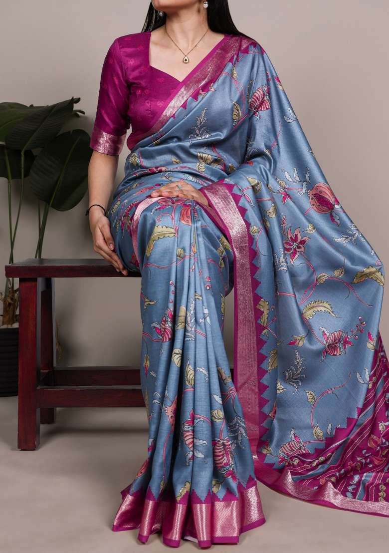 Teal Blue Printed Silk Blend Saree Set - Indya