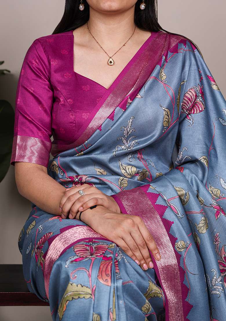 Teal Blue Printed Silk Blend Saree Set - Indya