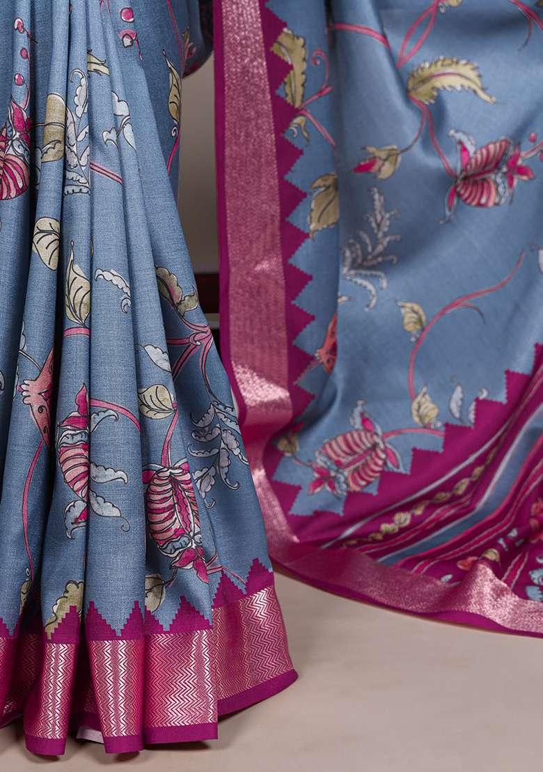 Teal Blue Printed Silk Blend Saree Set - Indya