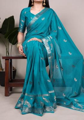 Sea Blue Zari Weaving Crepe Saree Set