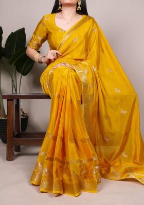 Yellow Zari Weaving Crepe Saree Set