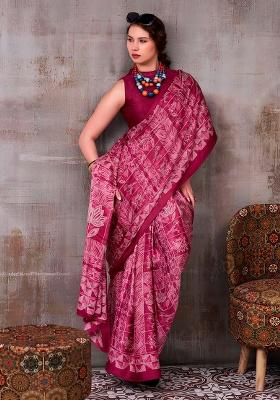 Maroon Pink Printed Silk Saree Set