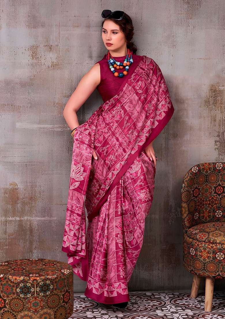 Maroon Pink Printed Silk Blend Saree Set - Indya