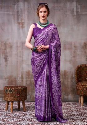 Lavender Printed Silk Saree Set