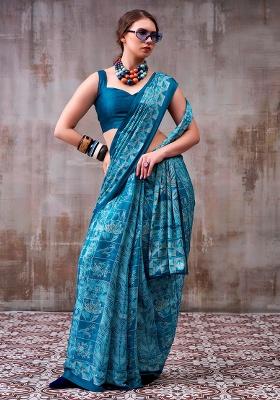 Sea Blue Printed Silk Saree Set