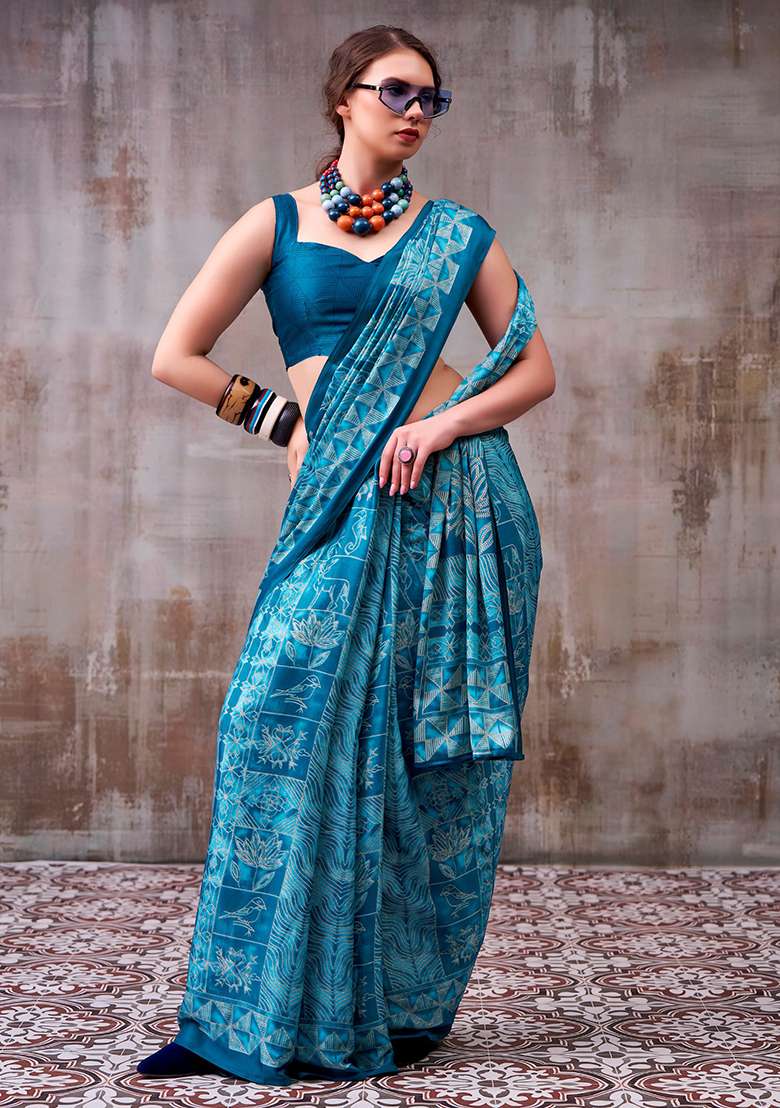 Sea Blue Printed Silk Blend Saree Set - Indya