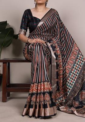 Black Printed Silk Saree Set