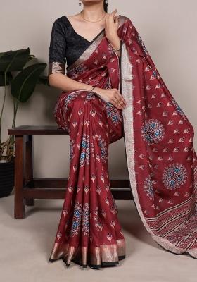 Maroon Printed Silk Saree Set