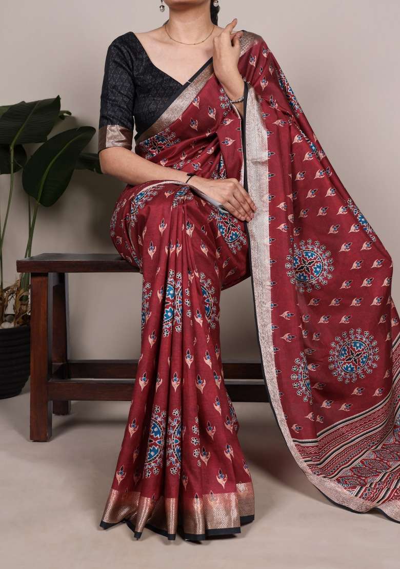Maroon Printed Silk Blend Saree Set - Indya