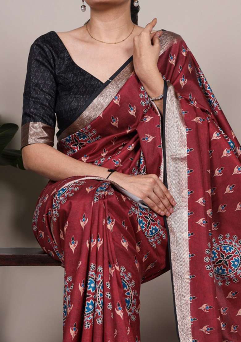 Maroon Printed Silk Blend Saree Set - Indya