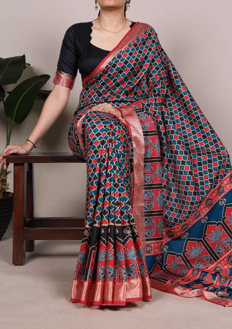 Red Printed Silk Blend Saree Set - Indya