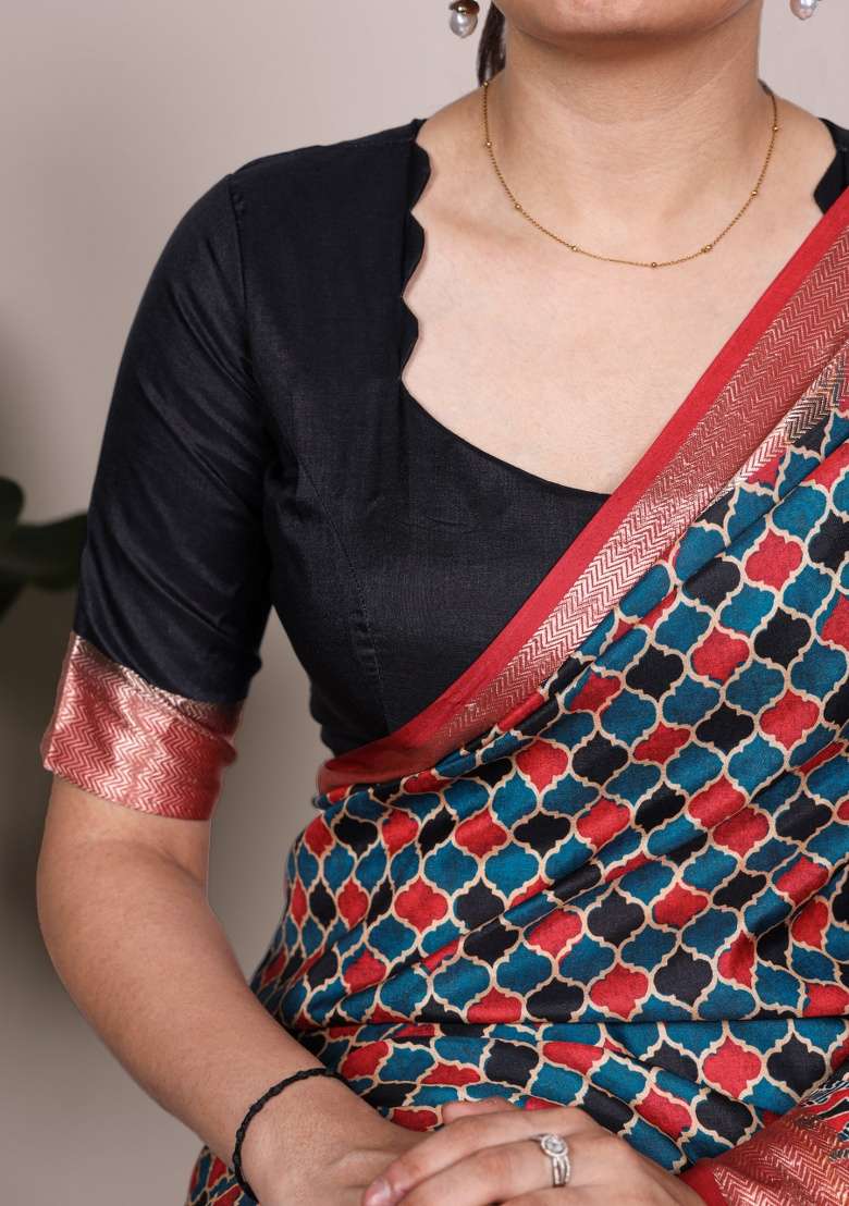 Red Printed Silk Blend Saree Set - Indya