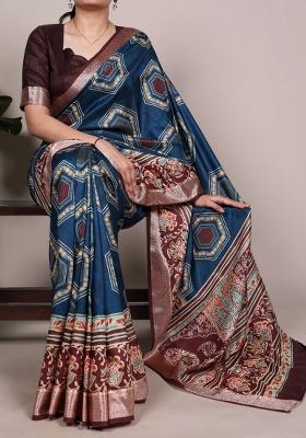 Teal Printed Silk Saree Set