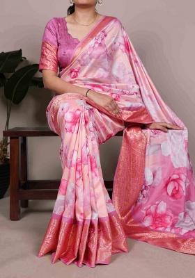 Light Pink Printed Silk Saree Set
