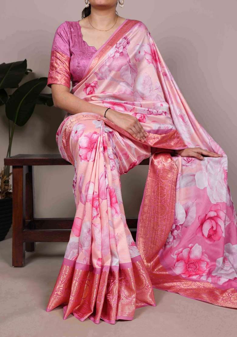 Light Pink Printed Silk Blend Saree Set - Indya