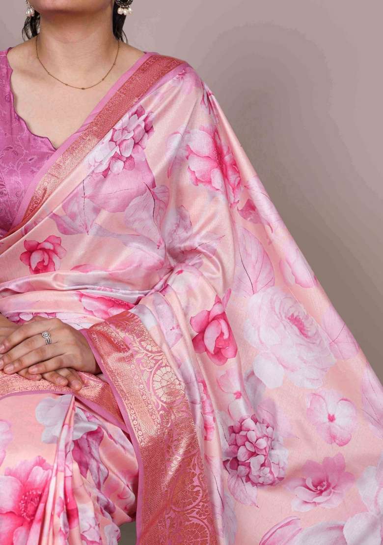 Light Pink Printed Silk Blend Saree Set - Indya