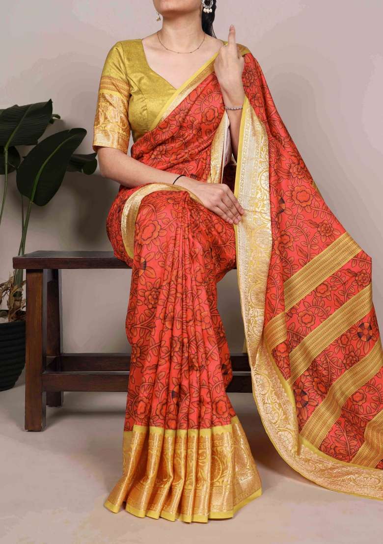 Mustard Printed Silk Blend Saree Set - Indya