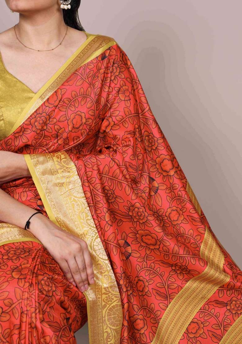 Mustard Printed Silk Blend Saree Set - Indya