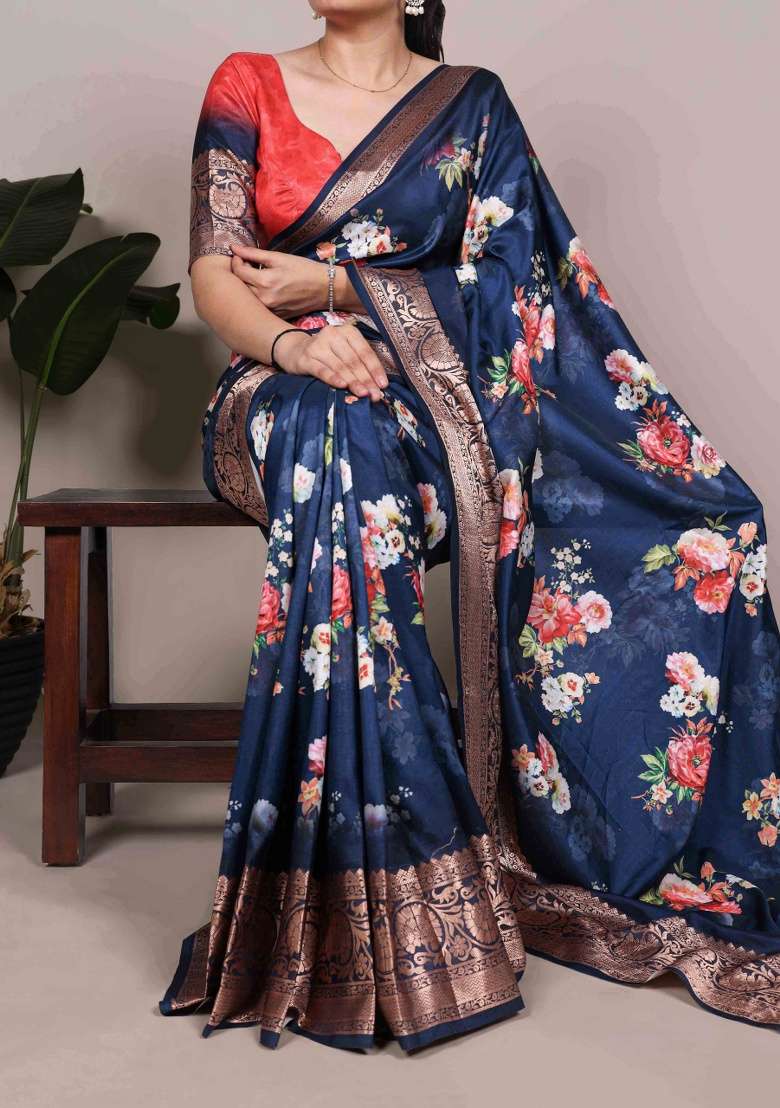 Navy Blue Printed Silk Blend Saree Set - Indya