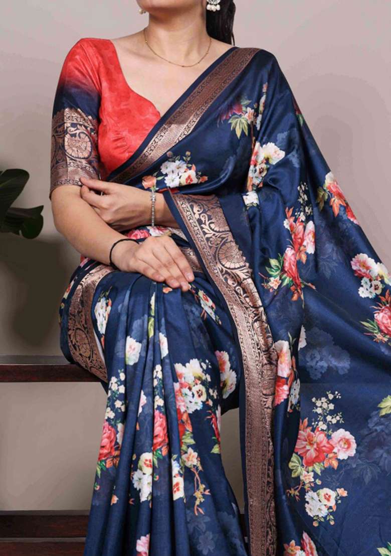 Navy Blue Printed Silk Blend Saree Set - Indya