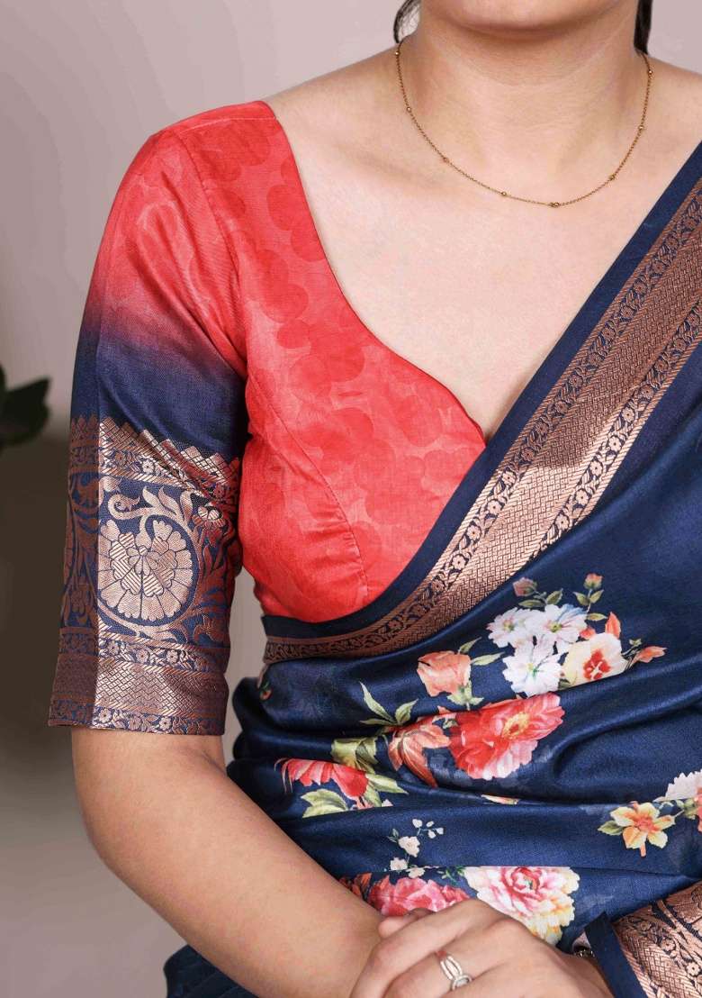 Navy Blue Printed Silk Blend Saree Set - Indya