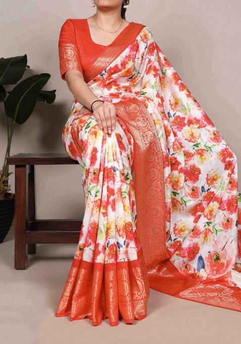 Orange Printed Silk Saree Set — view on Indya