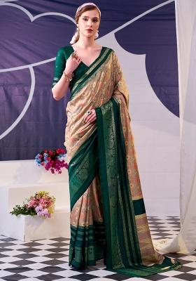 Green Floral Print Silk Saree Set