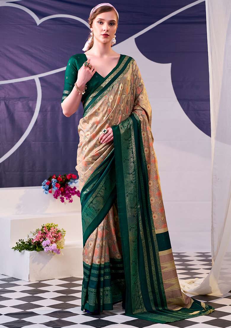 Green Floral Print Silk Blend Saree Set - Indya