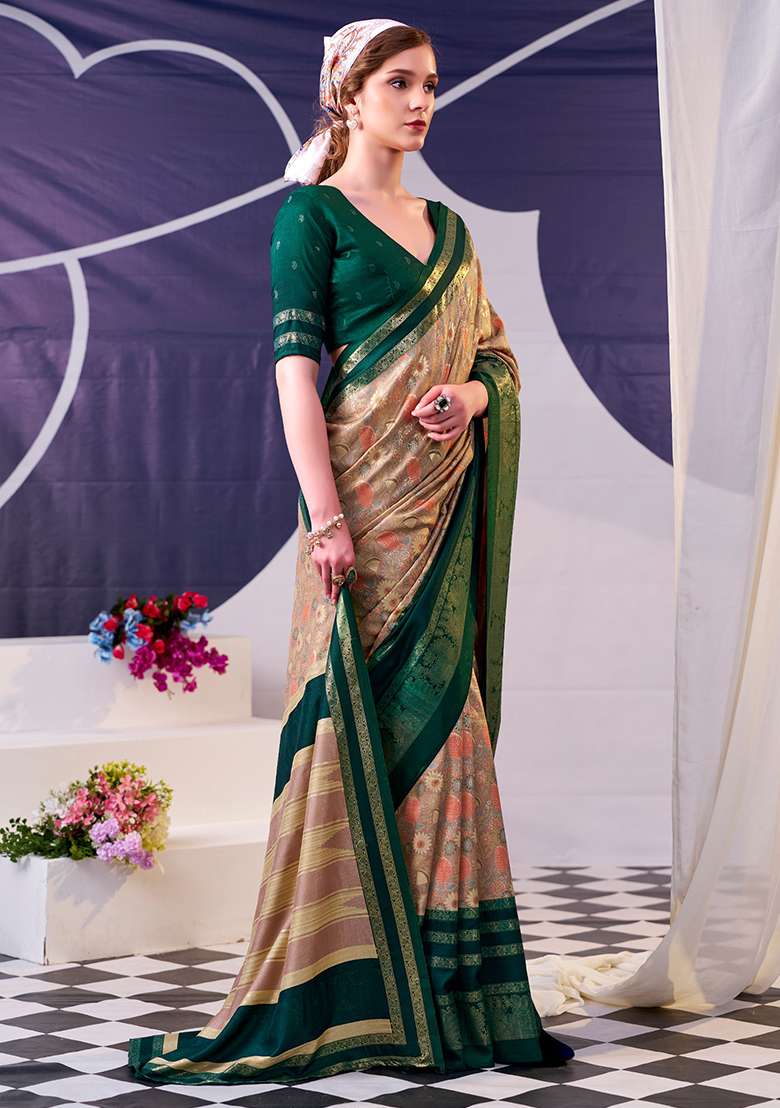 Green Floral Print Silk Blend Saree Set - Indya