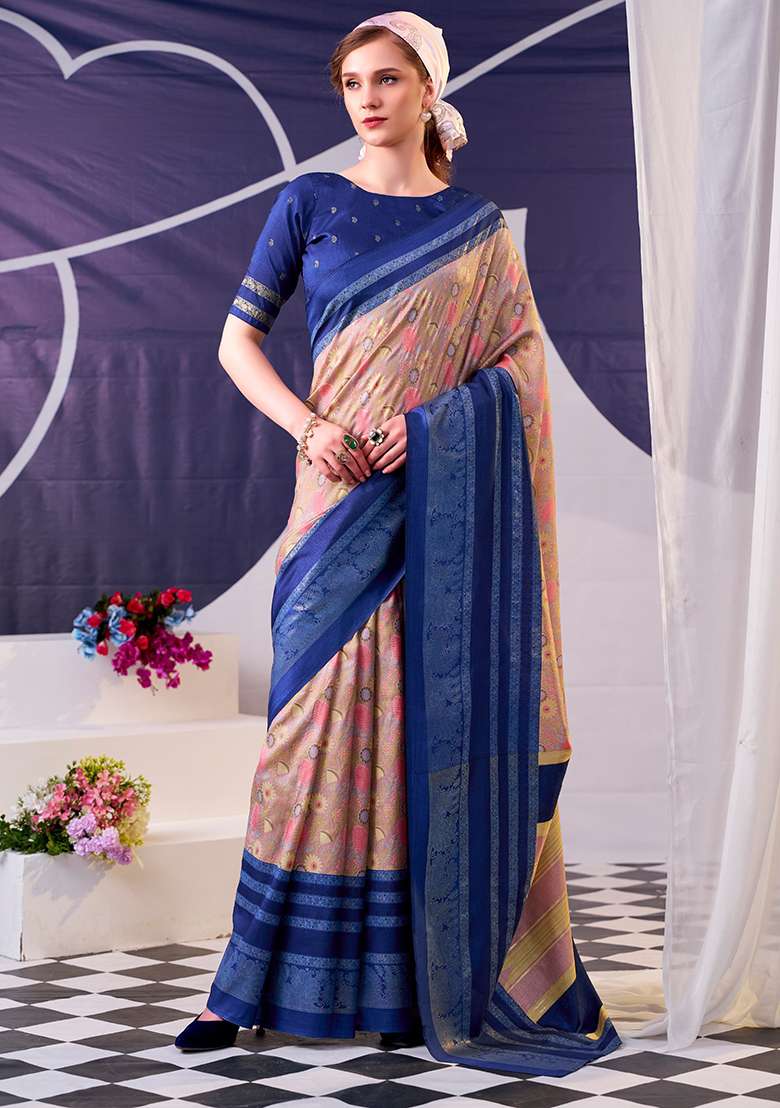 Navy Blue Floral Print Silk Blend Saree Set - Indya