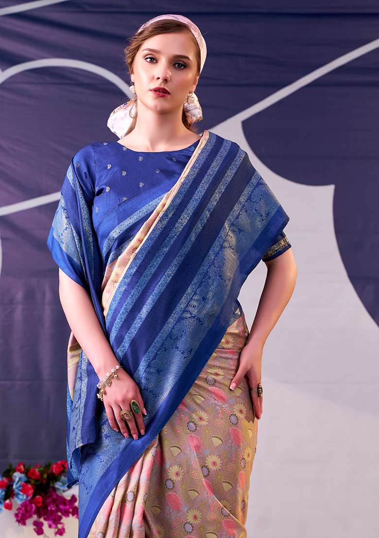 Navy Blue Floral Print Silk Blend Saree Set - Indya