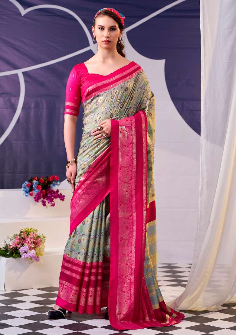 Pink Floral Print Silk Blend Saree Set - Indya