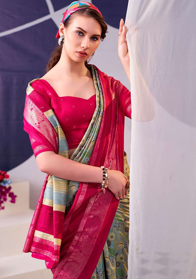 Pink Floral Print Silk Blend Saree Set - Indya