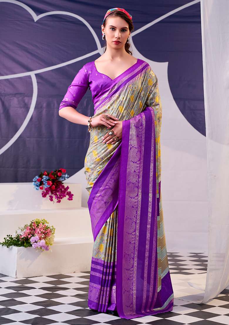 Purple Floral Print Silk Blend Saree Set - Indya