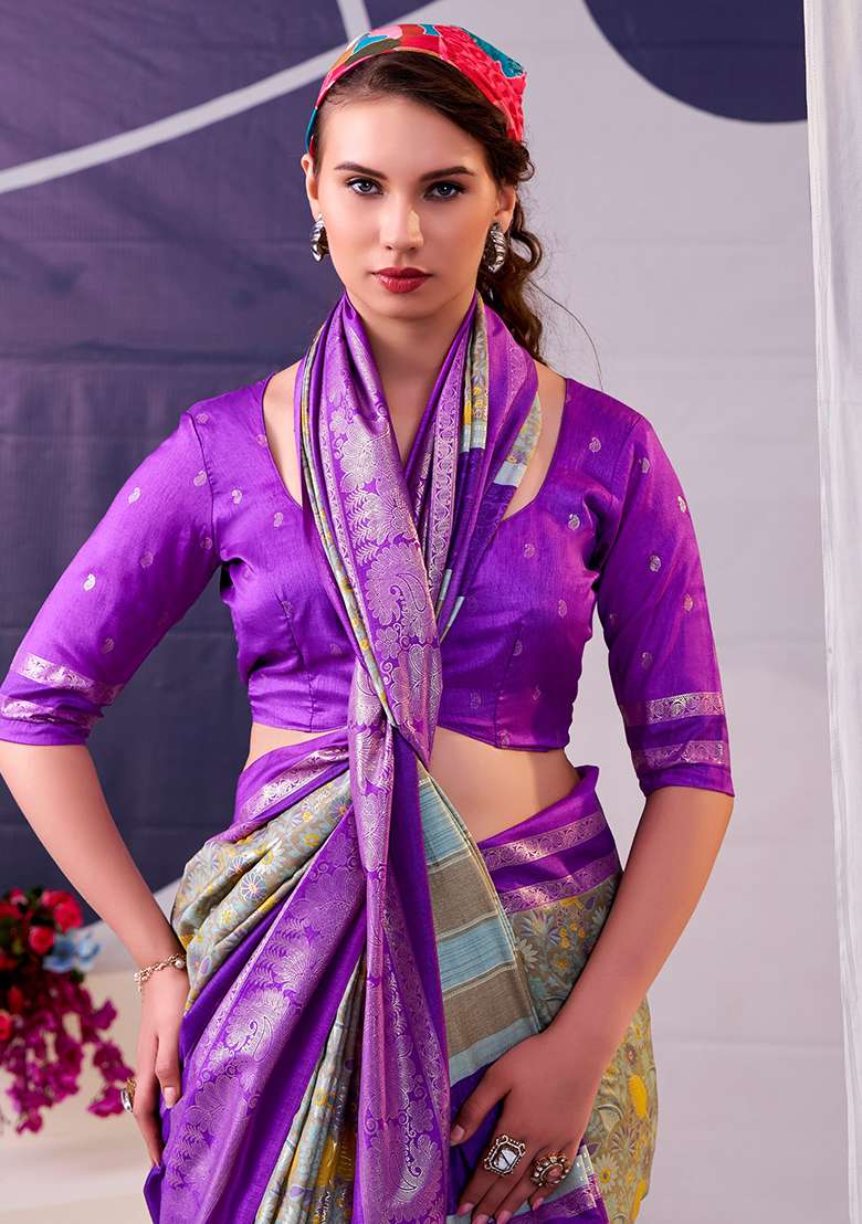 Purple Floral Print Silk Blend Saree Set - Indya