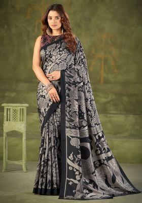 Black Kalamkari Print Silk Saree Set